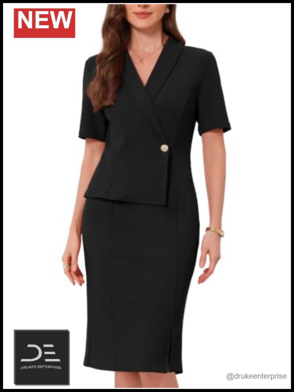 Women's faux wrap lapel V neck short sleeve dress